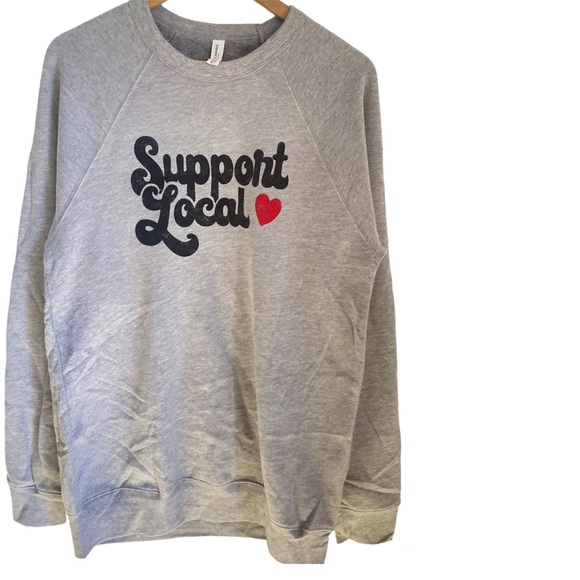 Bella Canvas Fleece Collection SUPPORT LOCAL Gray Black Crewneck Sweatshirt - Picture 1 of 5